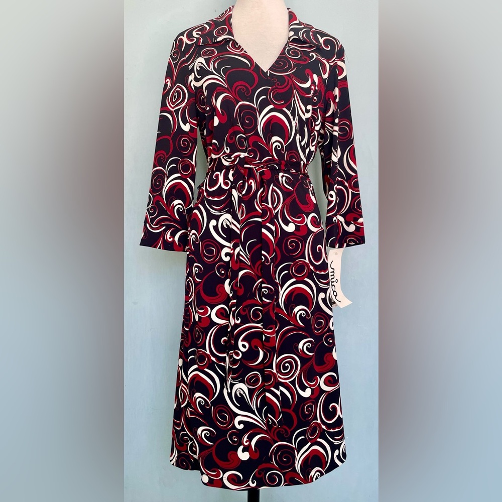 Vintage Mica Red Black White 3/4 Sleeve Geometric Wrap Dress Swirls Large $108!